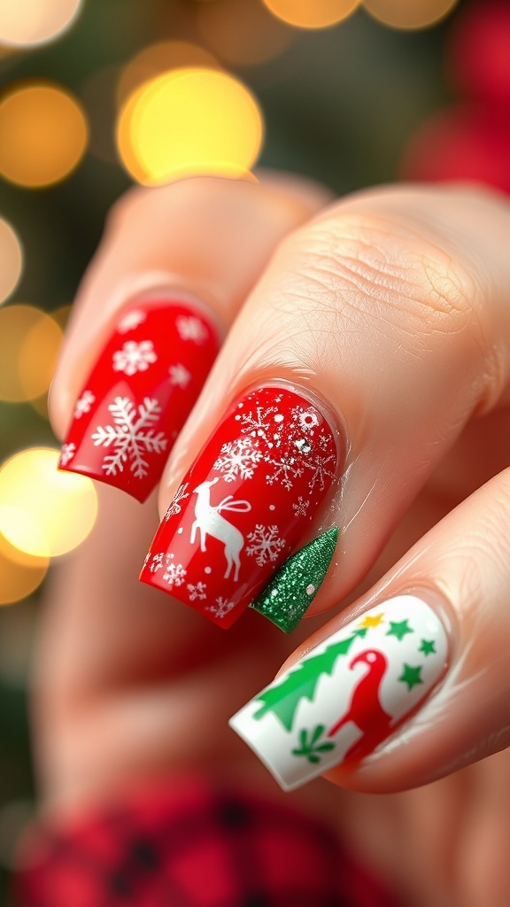 Close-up of Christmas-themed nail art in red and green with festive designs.